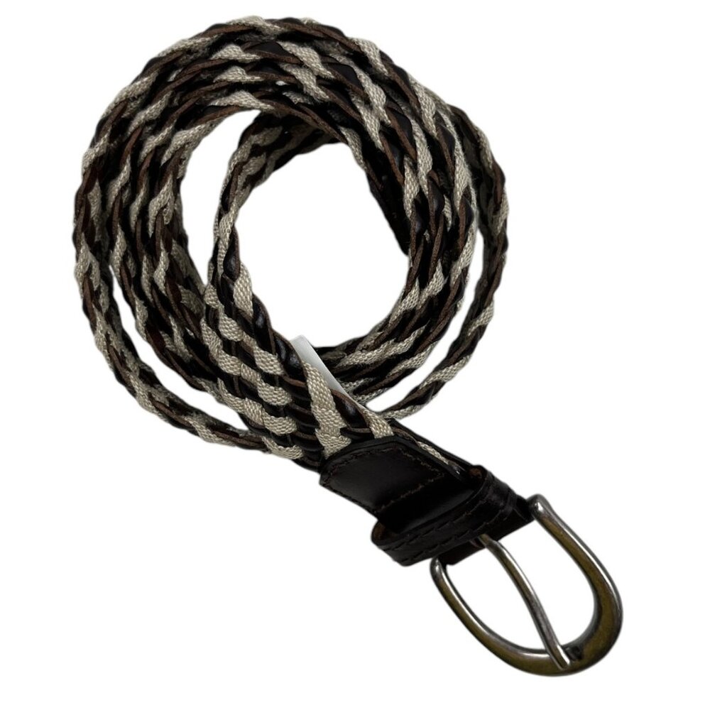 Linen Strand Bonded Brown Leather Woven Braided Belt Silvertone Buckle Size ML